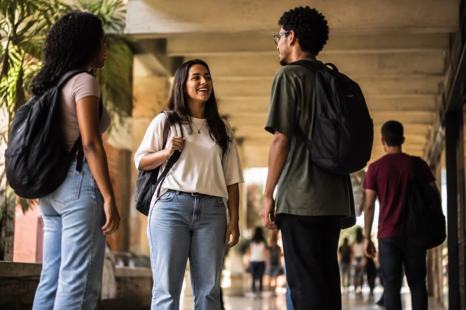 Estudantes com mochilas conversando no corredor de uma universidade