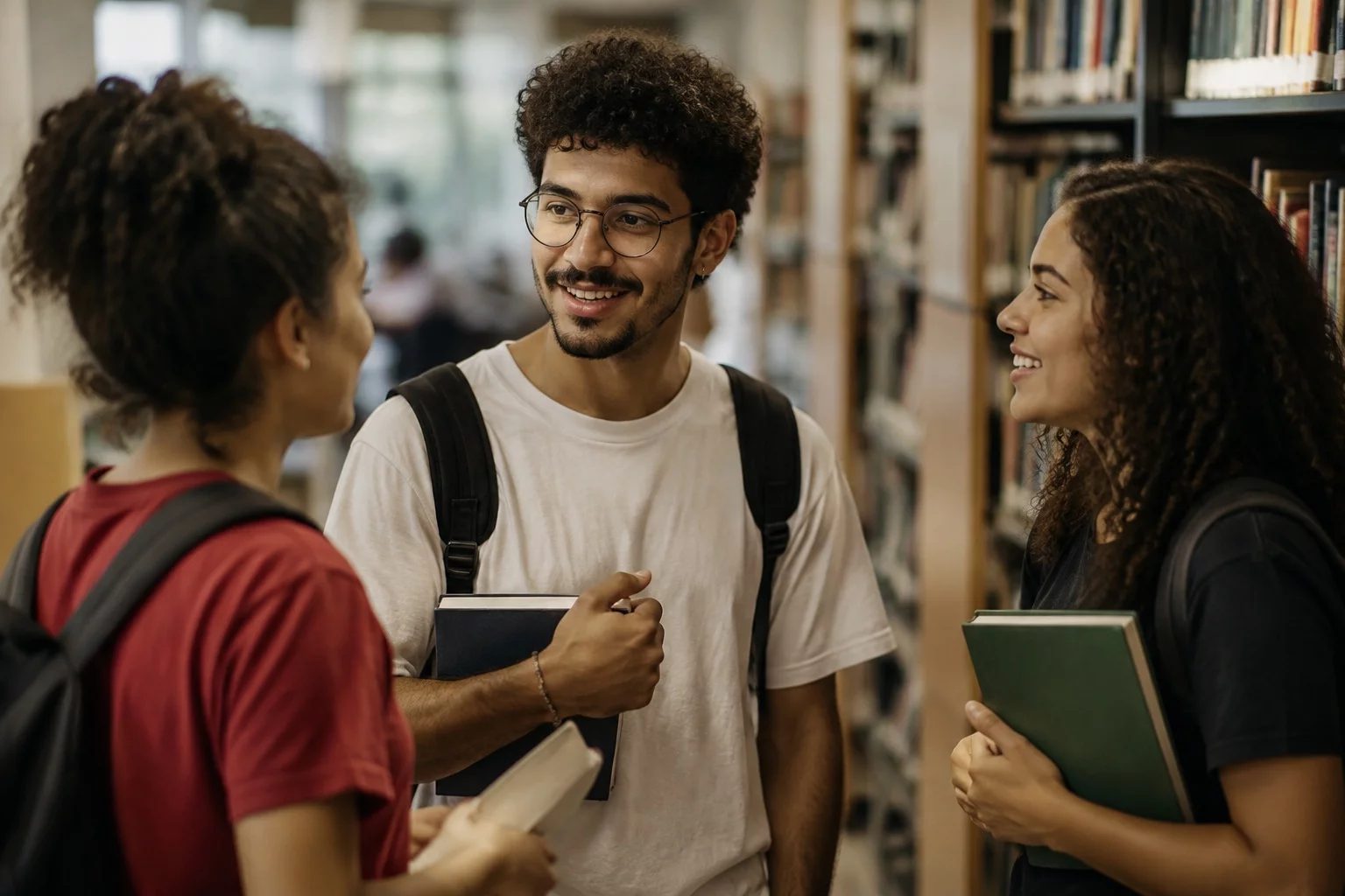 Estudantes conversando em pé entre as estantes de uma biblioteca