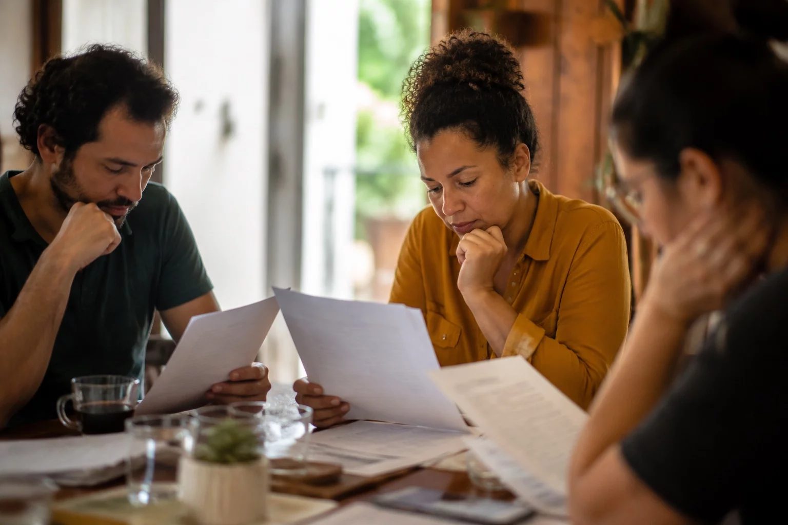 Grupo pequeno lendo páginas impressas de argumentos ao redor de uma mesa