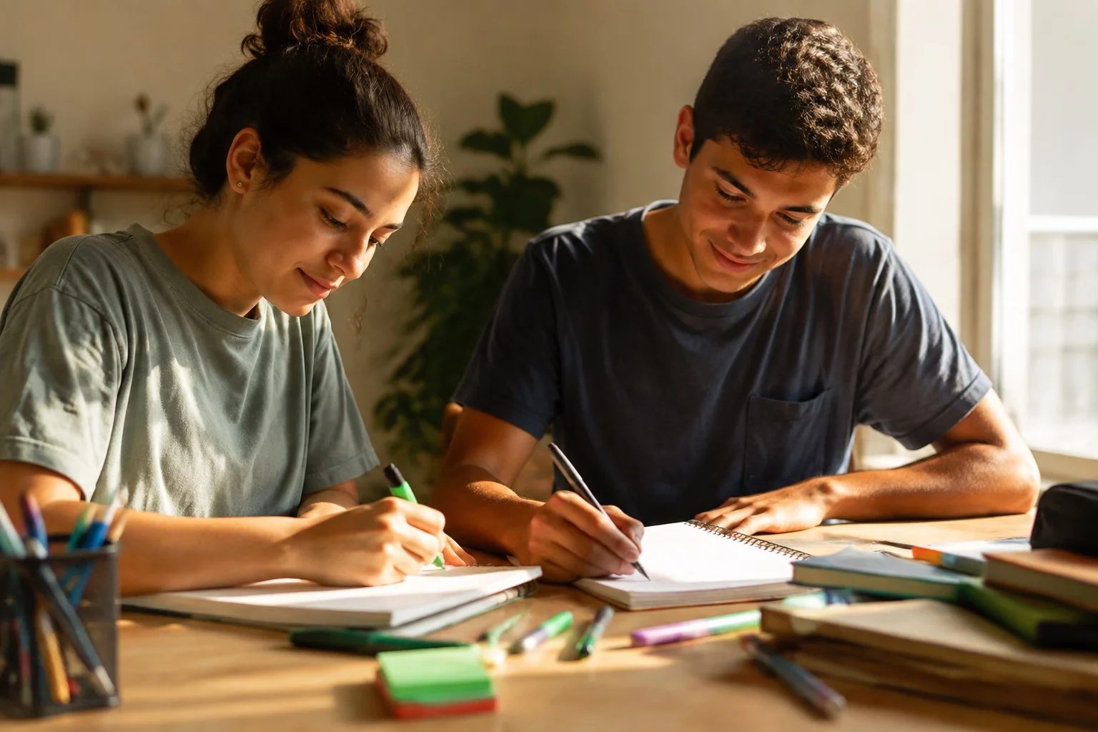 Dois estudantes preparando um debate com cadernos e marcadores