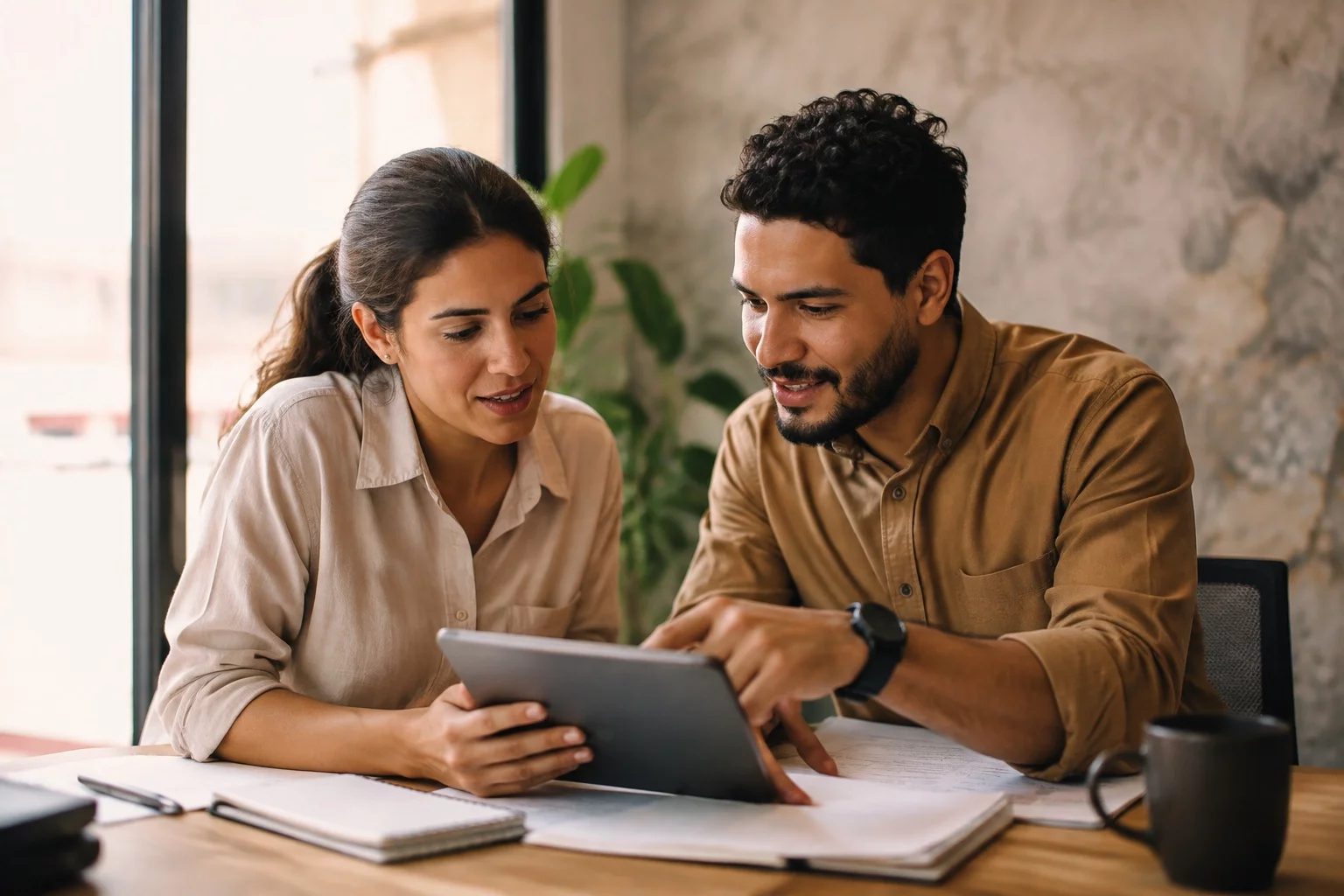 Duas pessoas revisando anotações em um tablet sobre uma mesa de madeira