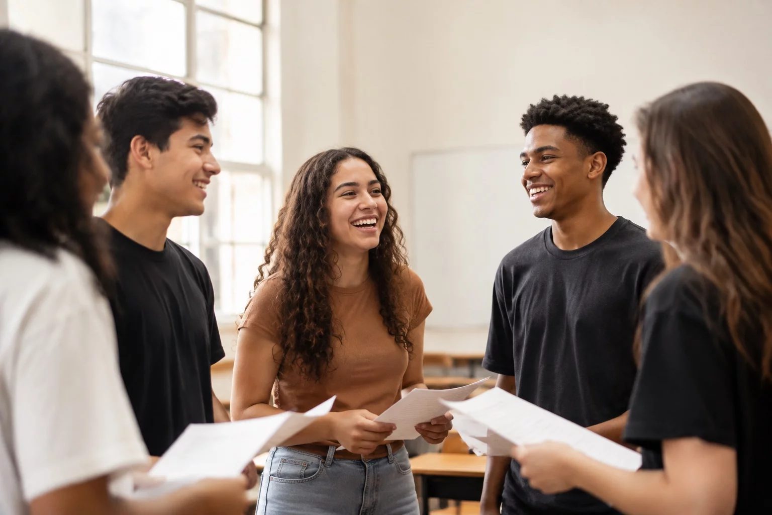 Grupo sorrindo após uma rodada de debate, com papéis nas mãos